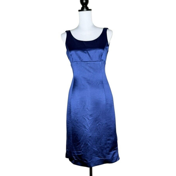 Armani Collezioni Italy VTG Blue Wool Sleeveless Sheath Midi Dress Sz 4 Sm Satin - Picture 1 of 9